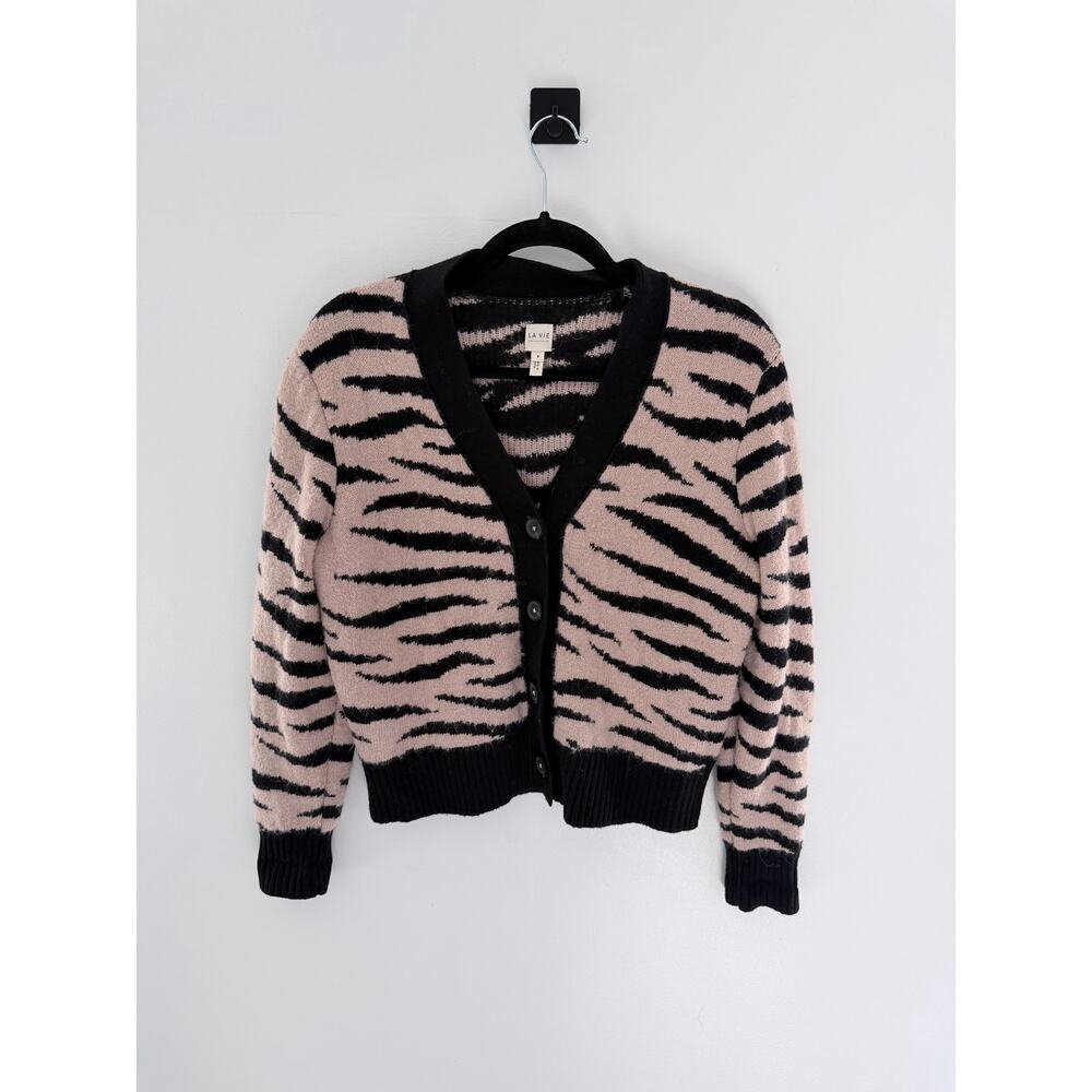 LA VIE Rebecca Taylor Ziger Jacquard tan & black zebra stripe cardigan-Size S
